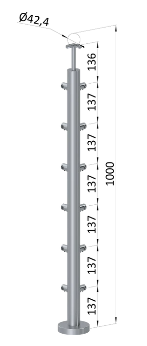 nerezový stĺp, vrchné kotvenie, 6 radový, rohový: 90°, vrch pevný (ø 42.4x2mm), brúsená nerez K320 /AISI304 - slide 0