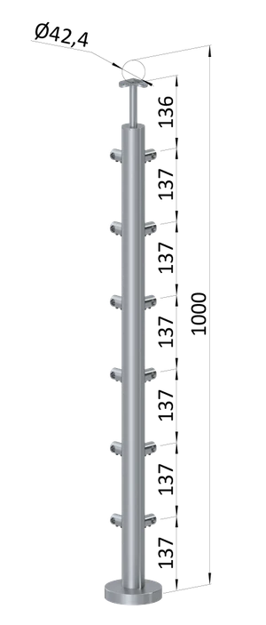 Nerezový sloup, vrchní kotvení, 6 řadový, rohový: 90°, vrch pevný (ø42,4x2 mm), broušená nerez K320 / AISI304 - slide 0