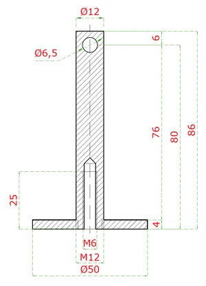 Prechod lanka (pre lanko max ø6mm), s odsadením od podlahy 80mm, vonkajší závit M12, vnútorný závit M6. Brúsená nerez K320 / AISI 316 - slide 1
