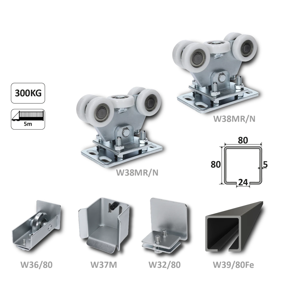 Samonosný systém 80x80x5 mm pro posuvné brány do 300 kg / 5 m průjezd (W39/80Fe 6 m černý profil, 2x W35MR/N, 1x W36/80, 1x W37M, 1x W32/80)