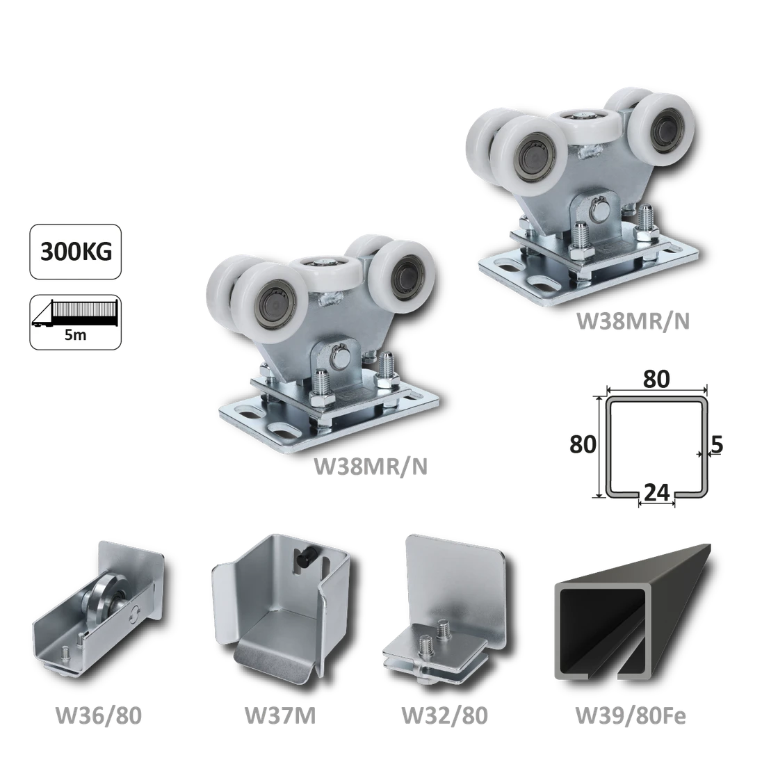 samonosný systém 80x80x5mm posuvnej brány do 300kg/5m otvor (W39/80Fe 6m čierny profil, 2x W35MR/N, 1x W36/80, 1x W37M, 1x W32/80)