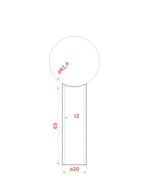 Přechod na vymezení vzdálenosti mezi sloupem ø 42,4 mm a kotevní deskou, ø 20x2,0 mm /L:65 mm, bez vnitřního šroubu, broušená nerez K320 / AISI304 - slide 1