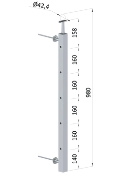 nerezový stĺp na francúzsky balkón, bočné kotvenie, 5 dierový, priechodný, vrch pevný, (40x40x2.0mm), brúsená nerez K320 /AISI304