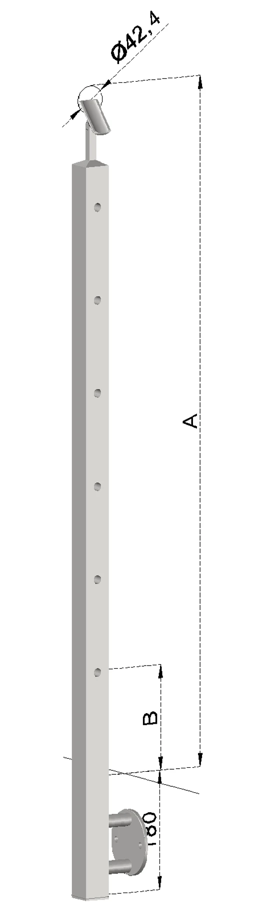 nerezový stĺp, bočné kotvenie, 6 dierový koncový, pravý, vrch nastaviteľný (40x40mm), brúsená nerez K320 /AISI304