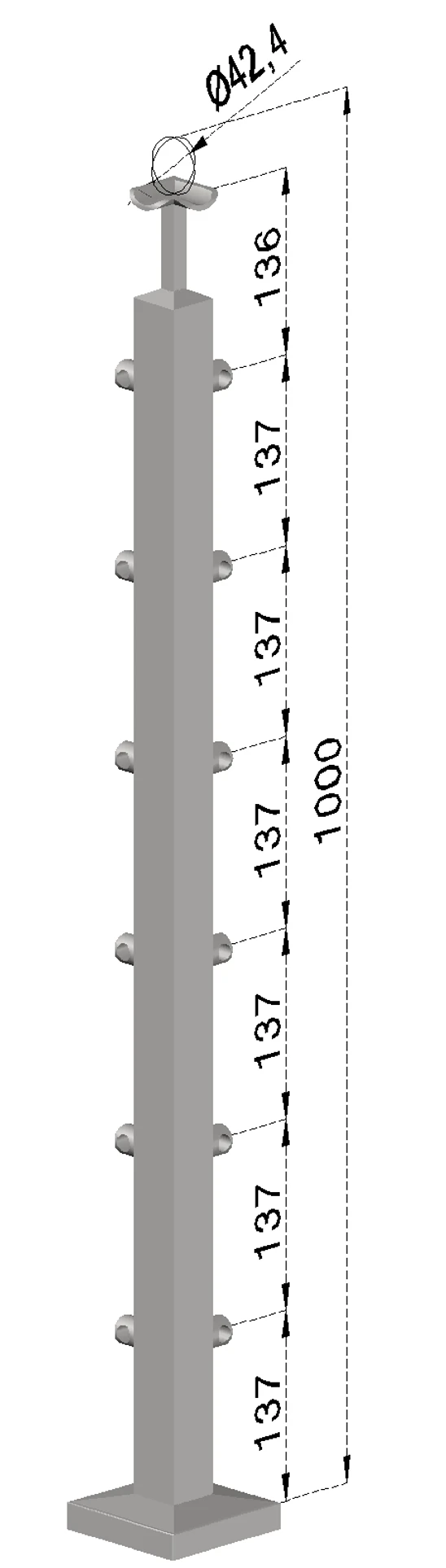 Nerezový sloup, vrchní kotvení, 6 řadový rohový, vrch pevný, (40x40 mm), broušená nerez K320 / AISI304