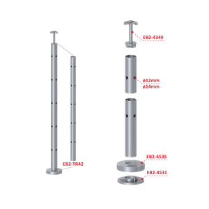 Nerezový sloup, vrchní kotvení, 5 děrový rohový: 90°, vrch pevný (ø42,4x2 mm), broušená nerez K320 / AISI316 - slide 2