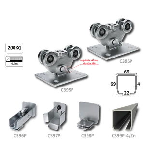 PICCOLO-Klasik samonosný systém 69x69x4 mm pro posuvné brány do 200 kg / 4,5 m otvor (C399P-4/Fe 1x 6 m pozinkovaný profil, C395P KLASIK 2ks, C396P 1ks, C397P 1ks, C398P 1ks) intenzivní provoz - slide 1