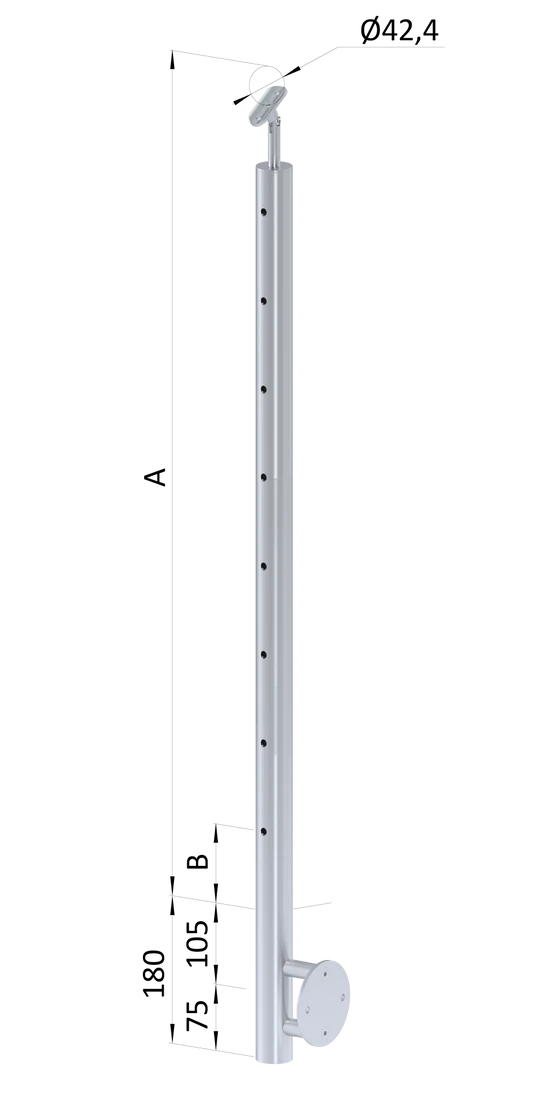 nerezový stĺp, bočné kotvenie, 8 dierový koncový na lanko, vrch nastaviteľný (ø 42.4x2mm), brúsená nerez K320 /AISI304
