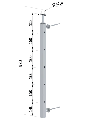 Nerezový sloup na francouzský balkón, boční kotvení, 5 dírový, pravý, vrch pevný, (40x40x2.0 mm), broušená nerez K320 /AISI304 - slide 0