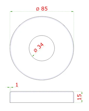 Kryt příruby (ø 85 mm) na trubku ø 33,7 mm (otvor ø 34 mm), broušená nerez K320 / AISI304 - slide 1
