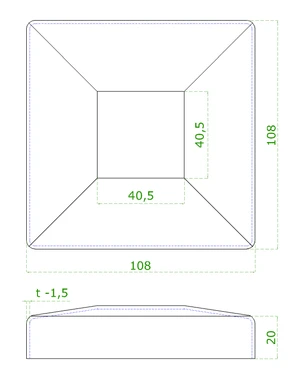 Kryt spodní příruby (108x108 / 25x1,5 mm), otvor: 40,5x40,5 mm, na profil 40x40 mm, broušená nerez K320 / AISI304 - slide 1