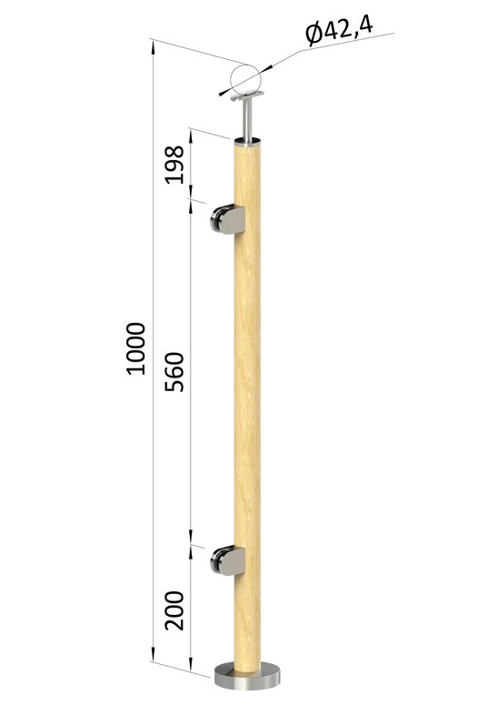 dřevěný sloup, vrchní kotvení, výplň: sklo, levý, vrch pevný (ø 42mm), materiál: buk, broušený povrch bez nátěru