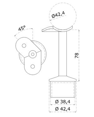 držiak madla pevný na trubku ø 42.4mm (78x64mm, 45° uhol) na madlo ø 42.4 mm, brúsená nerez K320 /AISI304 - slide 1