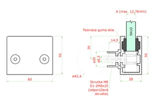 svorka skla koncová plochá na trubku ø42.4mm (60x50x28mm), na sklo 8-12.76mm, broušená nerez K320/AISI304, balení neobsahuje gumičky na sklo - slide 2