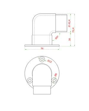 Spojka rohová 90° na trubku ø 42,4 mm s uchycením na stěnu, nerez broušená K320 / AISI304 - slide 1