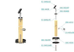 dřevěný sloup, vrchní kotvení, 5 řadový, průchozí, vrch nastavitelný (ø 42mm), materiál: buk, broušený povrch s nátěrem BORI (bezbarvý) - slide 2