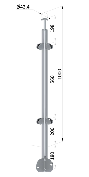 nerezový stĺp, bočné kotvenie rohové, výplň: sklo, rohový, vrch pevný, (ø 42.4x2mm), brúsená nerez K320 /AISI304 - slide 0