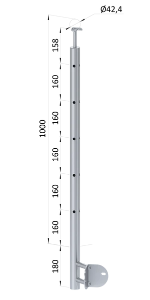 nerezový sloup, boční kotvení rohové, 5 děrový, rohový: 90°, vrch pevný (ø 42.4x2mm), broušená nerez K320 /AISI304 - slide 0