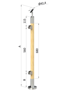 Dřevěný sloup, vrchní kotvení, výplň: sklo, levý, vrch nastavitelný (ø 42mm), materiál: buk, broušený povrch bez nátěru