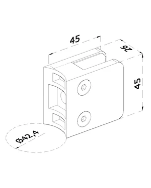 Svorka skla na trubku ø 42.4mm (45x45x26mm) pre sklo 6-10.76mm, brúsená nerez K320 /AISI316, balenie neobsahuje gumičky na sklo - slide 1