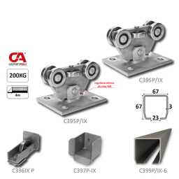 PICCOLO INOX (67x67 mm) nerezový samonosný systém pro posuvné brány do 200 kg/ otvor: 4 m (C399P-IX 1x6 m nerezový profil, C395P-IX 2 ks, C397P-IX 1 ks, C396P-IX 1 ks), nerez AISI304 bez povrch. úpravy