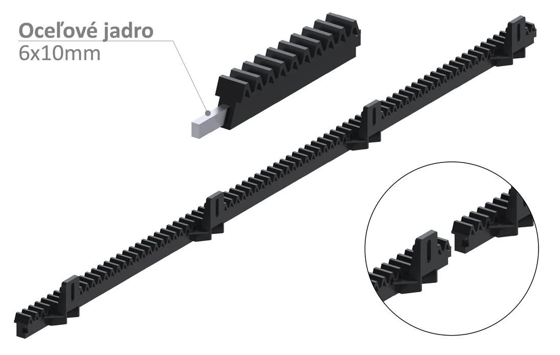 Hřeben nylon-kov L-1000 mm, 26x 19mm, 400 kg 4x úchyt se šroubky, Fe jádro 6x10mm