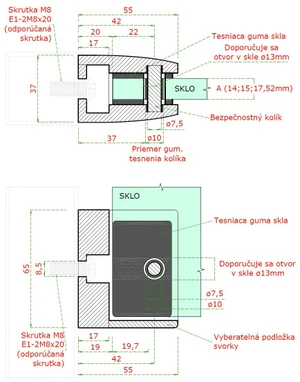 Svorka skla plochá (65x55x37mm), pre sklo 14-17.52mm, brúsená nerez K320 /AISI304, balenie neobsahuje gumičky na sklo - slide 2