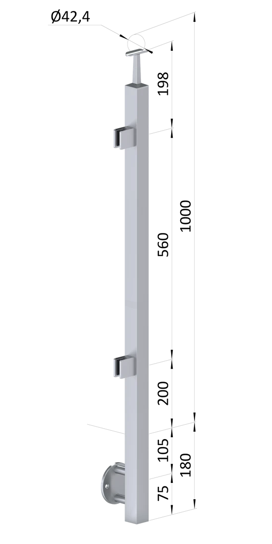 nerezový stĺp, bočné kotvenie, výplň: sklo, ľavý, vrch pevný (40x40mm), brúsená nerez K320 /AISI304