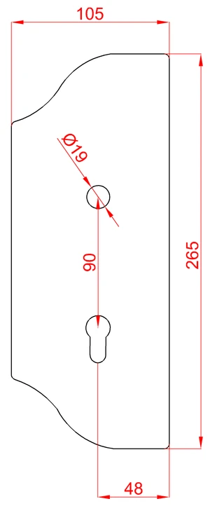 Štít 265x105x3mm s otvory, rozteč 90mm, otvor pro kliku ø 19mm, zdobený, levý, pro zámek ZM90/80 - slide 1