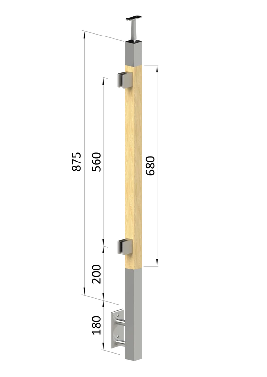 dřevěný sloup, boční kotvení, výplň: sklo, levý, vrch pevný (40x40mm), materiál: buk, broušený povrch s nátěrem BORI (bezbarvý)