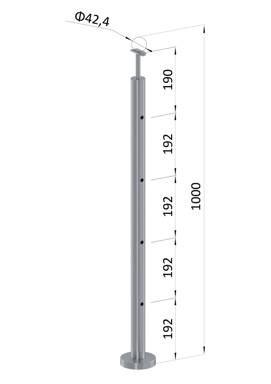 nerezový stĺp, vrchné kotvenie, 4 dierový priechodný, vrch pevný (ø 42.4x2mm), leštená nerez /AISI304