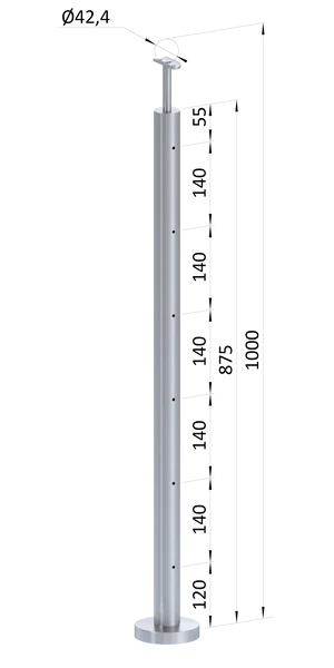 Nerezový sloup, vrchní kotvení, 6 děrový na lanko, průchozí, vrch pevný (ø 42.4x2mm), broušená nerez K320 /AISI304 - slide 0