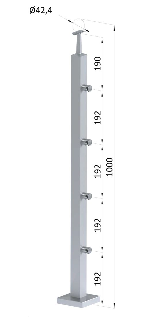 nerezový stĺp, vrchné kotvenie, 4 radový priechodný, vrch pevný (40x40mm), brúsená nerez K320 /AISI304