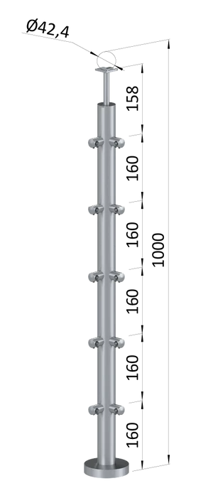 nerezový stĺp, vrchné kotvenie, 5 radový rohový: 90°, vrch pevný (ø 42.4x2mm), leštená nerez /AISI304 - slide 0