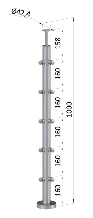 Nerezový sloup, vrchní kotvení, 5 řadový rohový: 90°, vrch pevný (ø 42,4x2 mm), leštěná nerez  K600 / AISI304 - slide 0