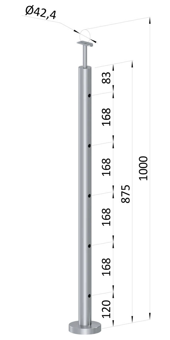 nerezový stĺp, vrchné kotvenie, 5 dierový koncový, vrch pevný (ø 42.4x2mm), brúsená nerez K320 /AISI304