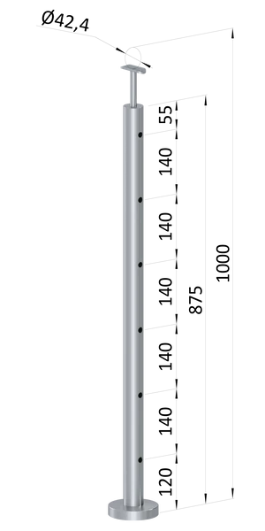 nerezový sloup, vrchní kotvení, 6 děrový, koncový, vrch pevný (ø 42.4x2mm), broušená nerez K320 /AISI304 - slide 0