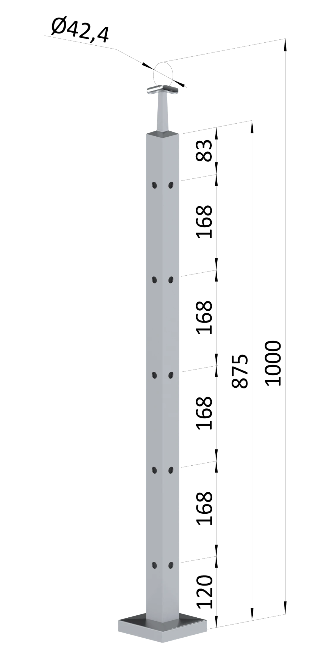 Nerezový sloup, vrchní kotvení, 5děrový rohový