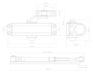 hydraulický zatvárač (148x36x56mm) pre interiérové dvere, max. dĺžka dverí: 850mm /max. váha dverí: 45kg, materiál: AL s povrchovou úpravou - šedá - slide 1