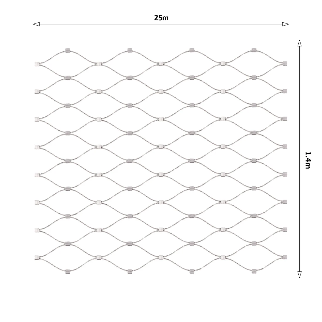 Nerezová lanková sieť, 1,4m x 25m (šxd), oko 60x104 mm, hrúbka lanka 2mm, AISI316 (V nerozloženom stave má sieť 29,8m)