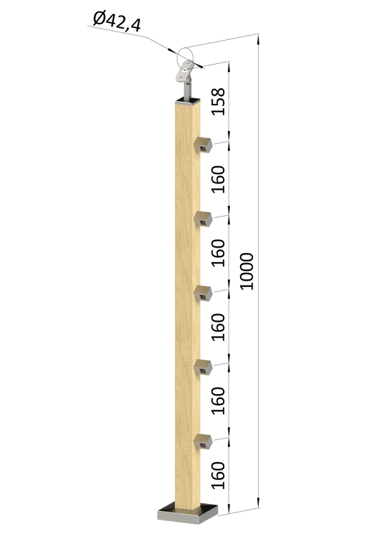 drevený stĺp, vrchné kotvenie, 5 radový, priechodný, vrch nastaviteľný (40x40mm), materiál: buk, brúsený povrch bez náteru