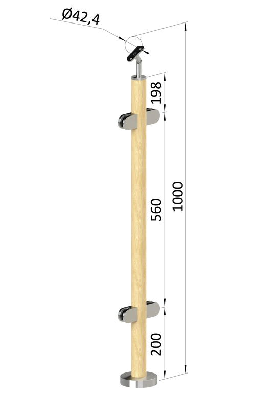 drevený stĺp, vrchné kotvenie, výplň: sklo, priechodný, vrch nastavit. (ø 42mm), materiál: buk, brúsený povrch s náterom BORI (bezfarebný)
