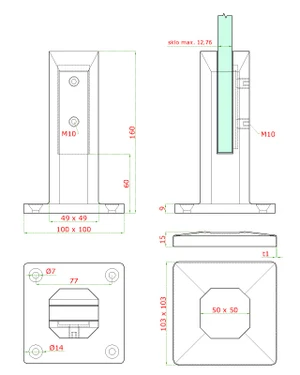 Nerezové vrchné kotvenie pre sklenenú výplň max. 12.76mm, brúsená nerez K320 /AISI316 - slide 2