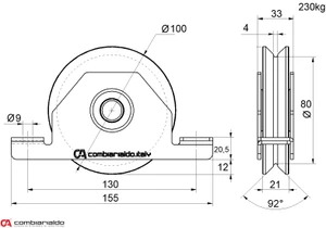 Vodiace koliesko ø 100mm pre zapustenie do jokla Combi Arialdo, V profil, nosnosť 210kg - slide 1