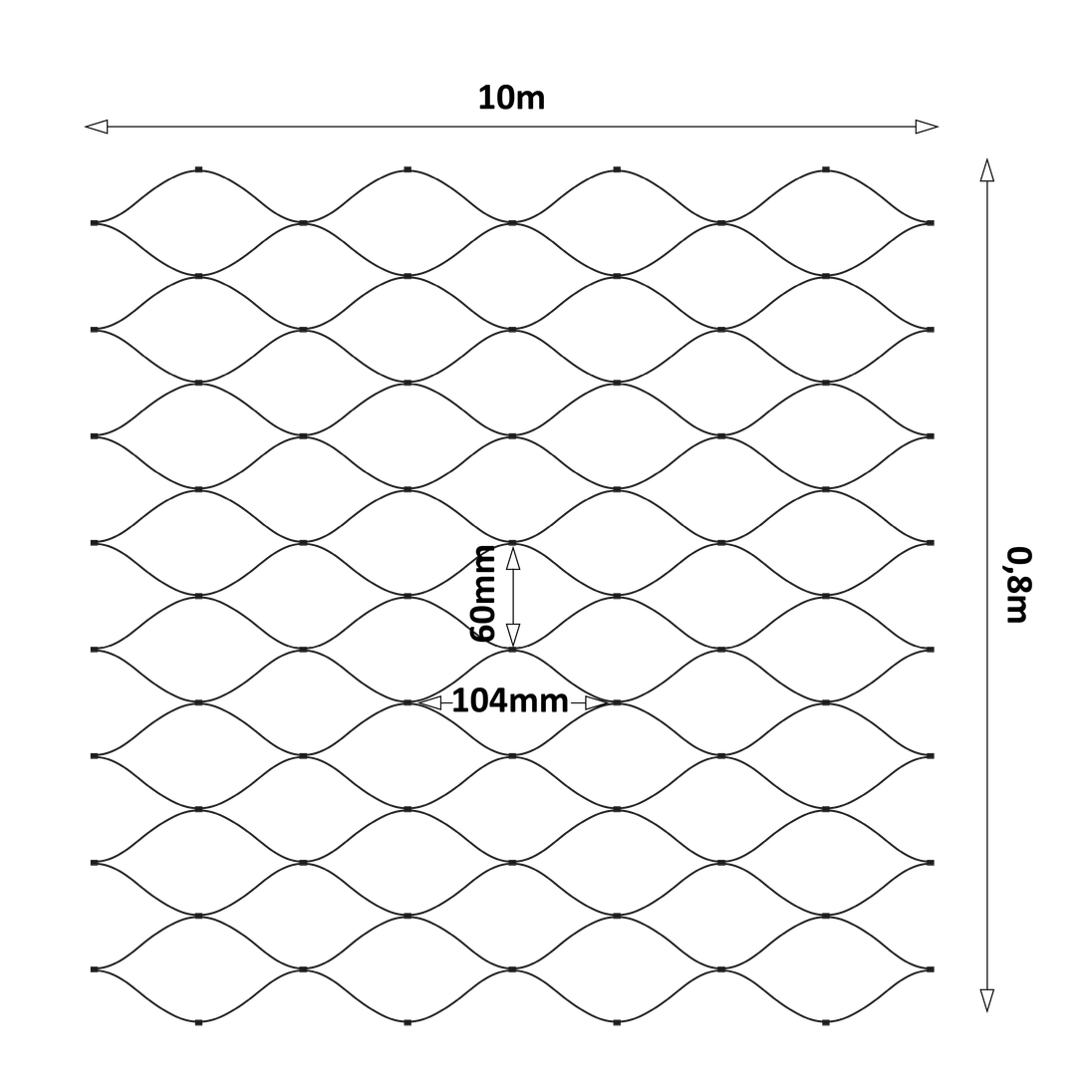 Nerezová lanková síť, 0,8m x 10m (šxd), oko 60x104 mm, tloušťka lanka 2mm, AISI316, barva: Černá, (V nerozloženém stavu má síť 11,92m)