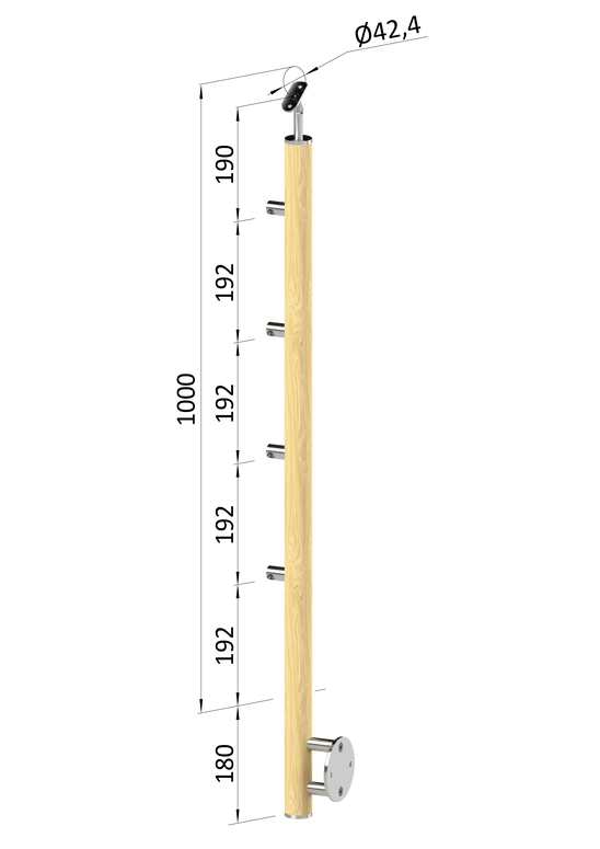 dřevěný sloup, boční kotvení, 4 řadový, průchozí, vnější, vrch nastavitelný (ø 42mm), materiál: buk, broušený povrch bez nátěru