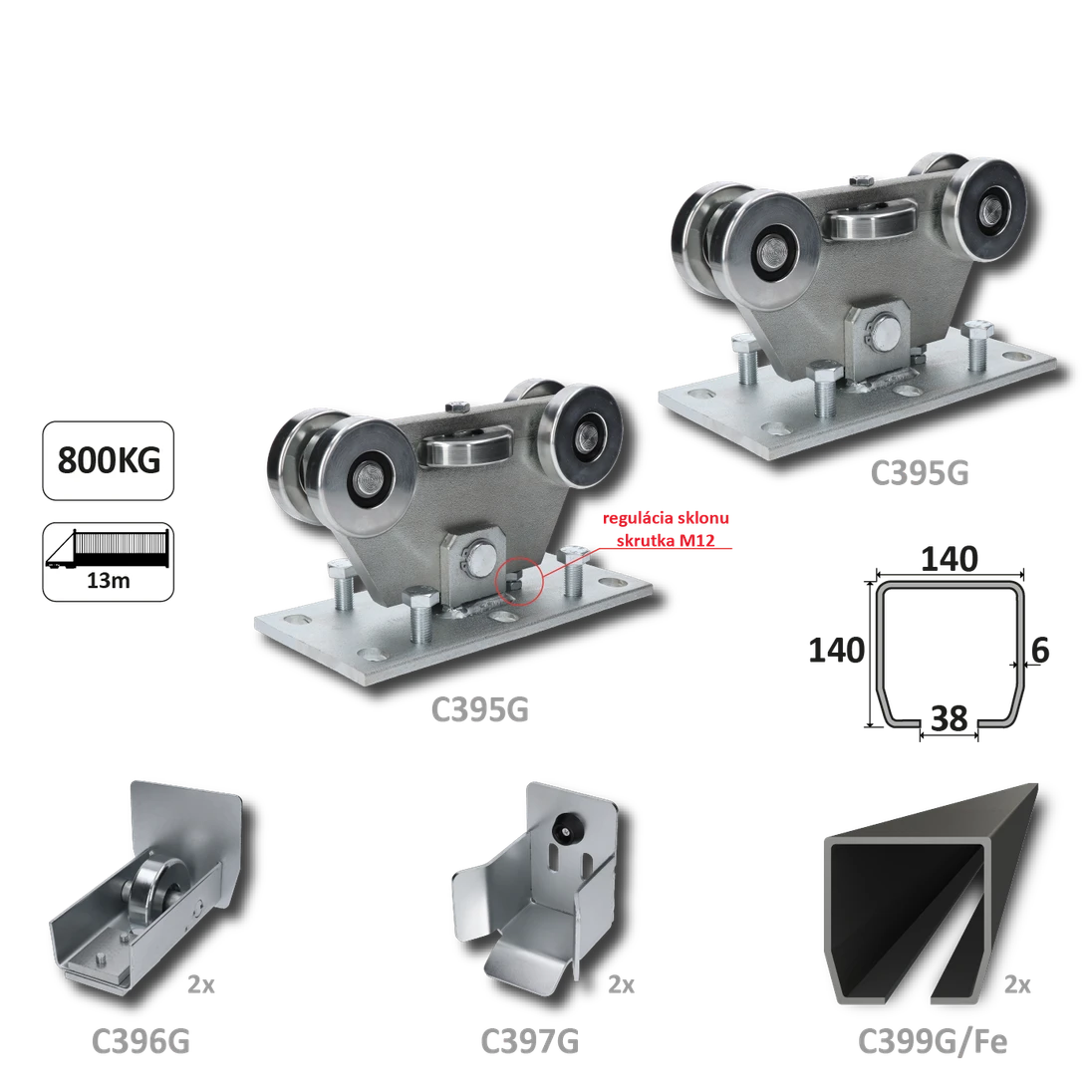 GRANDE-Klasik samonosný systém 140x140x6 mm pro posuvné brány do 800 kg / 13 m otvor (C399G/Fe 2x 6 m černý profil, C395G 2ks, C396G 2ks, C397G 2ks), běžný provoz