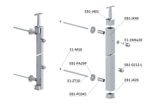 nerezový stĺp na francúzsky balkón, bočné kotvenie, 5 radový ľavý, vrch pevný, (40x40x2.0mm), brúsená nerez K320 /AISI304 - slide 3