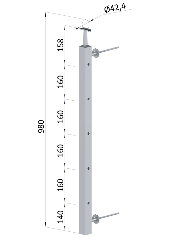 nerezový stĺp na francúzsky balkón, bočné kotvenie, 5 dierový, pravý, vrch pevný, (40x40x2.0mm), brúsená nerez K320 /AISI304