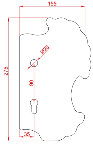 DOPRODEJ: Štít 275x155x2mm s otvory, rozteč 90mm, otvor pro kliku ø 20mm, zdobený, pravý, pro zámek ZM90/50H - slide 1